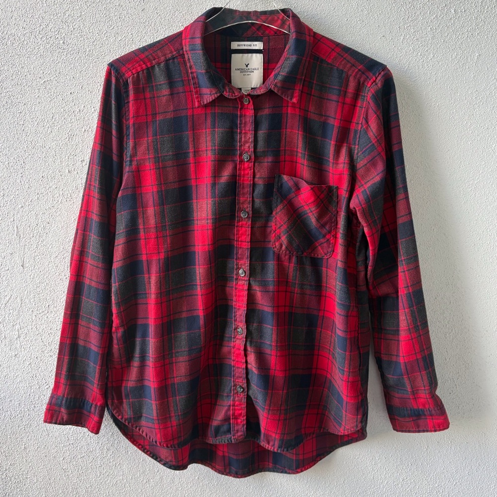 American Eagle Boyfriend Fit Women Large Plaid Flannel Button‎ Up Top Cabincore